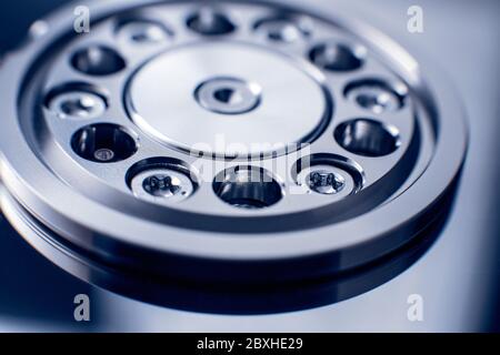 View of hard disk computer ,hard disc drive repair macro opened HDD drive, close up. Stock Photo