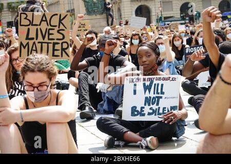 Peaceful protesters demonstrate against the death of George Floyd and all racial discrimination. Turin, Italy - June 2020
