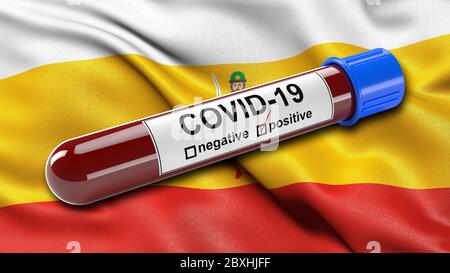 Flag of Ryazan Oblast waving in the wind with a positive Covid-19 blood test tube. Stock Photo