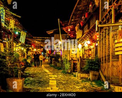 SHANGRILA, CHINA, NOVEMBER 20, 2013: night view of center of the old town of chinese city shangri-la known as zhongdian. Stock Photo