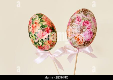 Easter eggs made with the decoupage technique. Festive decor Stock Photo