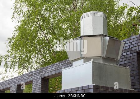 Large ventilation shaft. Part of the ventilation system of the building. Galvanized metal box Stock Photo
