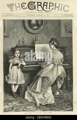 front page of the Graphic illustrated newspaper, 1872.  Mother playing piano while daughter sings. The Duet, A drawing room study Stock Photo