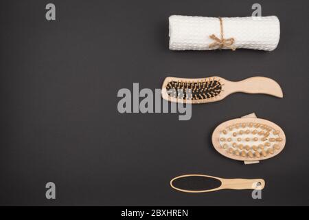 Bath accessories for body care on black background. Stock Photo