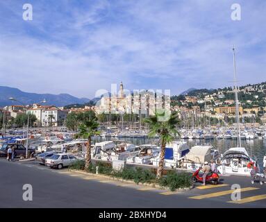 View of harbour and Old Town, Menton, Côte d'Azur, Alpes-Maritimes, Provence-Alpes-Côte d'Azur, France Stock Photo