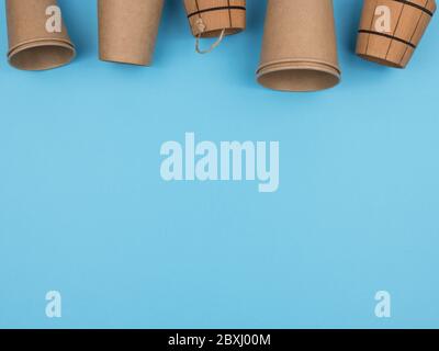 Kitchen accessories from ecological materials on a blue background. Stock Photo