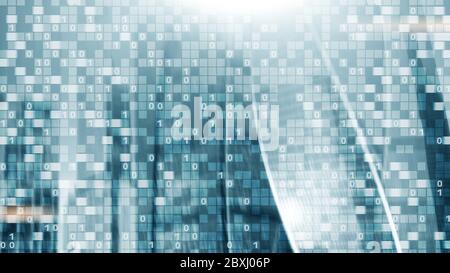 Digital code on blur city background. Abstract Binary code. Stock Photo