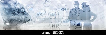 Erp Crm Hr Innovation inscriptions and icons on business background. Stock Photo