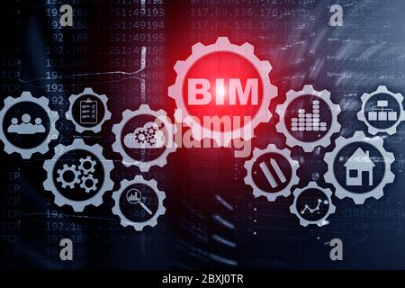 Building Information Modeling. BIM on datacenter supercomputer background. Stock Photo