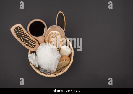 Set of bath accessories for the bathroom on a black background. Stock Photo