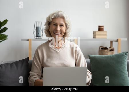 Portrait of smiling mature woman working on laptop at home Stock Photo