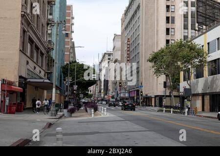Los Angeles, CA/USA - June 1, 2020: Businesses are boarded up in the Broadway Theatre District of Los Angeles  Black Lives Matter riots on May 29th Stock Photo