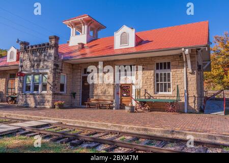 Eureka Springs and North Arkansas Railway Depot, historic vintage railroad service, at Eureka Springs, Arkansas. Stock Photo