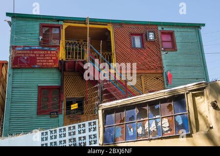 Colourful wood and corrugated iron buildings in the La Boca district of Buenos Aires, Argentina, South America