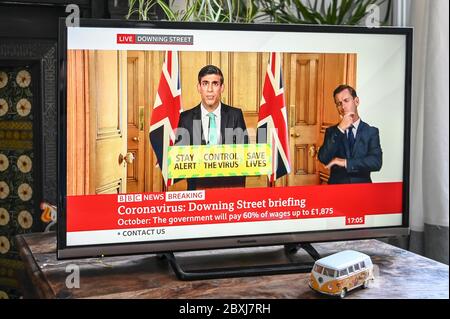 The daily Coronavirus briefing from Downing Street with Rishi Sunak, Chancellor of the Exchequer with 'Stay Alert, Control the Virus' message.