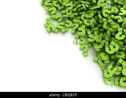 Green 3d question marks background. 3D render questions and doubt Stock Photo