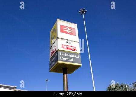 Birkenhead Central railway station sign, Merseyrail service on Chester line of the Wirral, Borough Road, Birkenhead Stock Photo