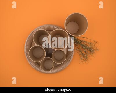 Disposable tableware from eco-friendly materials on orange background. Stock Photo