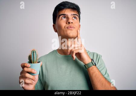 Young handsome man holding small cactus plant pot over isolated white background serious face thinking about question, very confused idea Stock Photo