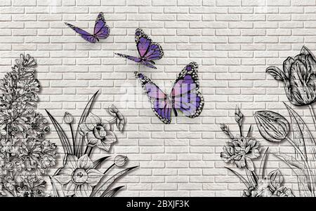 3d wallpaper texture, cultivated flowers and butterflies on brickwork Stock Photo