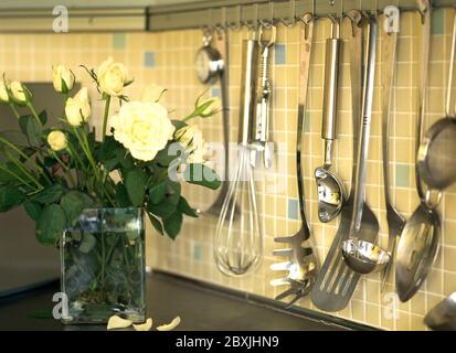 Closeup of kitchen implements hanging on hooks Stock Photo