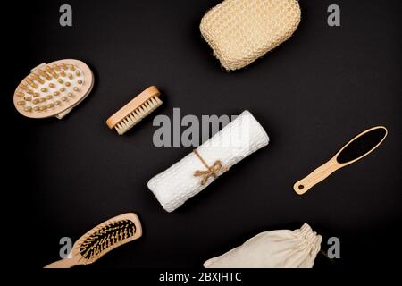 Accessories skin care body on a black background. Stock Photo