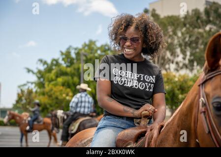 Compton, USA. 7th June, 2020. Horseback riders at the Compton Cowboy Peace Ride in honor of George Floyd. Credit: Jim Newberry/Alamy  Live News. Stock Photo