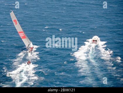 Wild Oats makes its way out of Sydney Harbour in the Sydney to Hobart Yacht Race 2014 Stock Photo