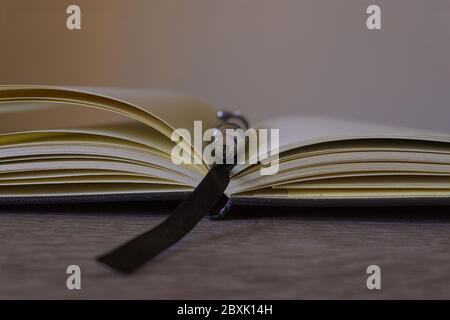 Pen lying on a copybook on a wooden desk with copy space Stock Photo