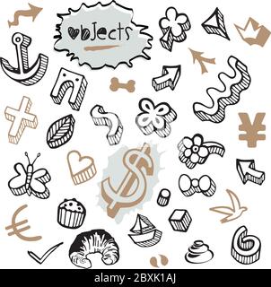 Set of Doodles - Elements and Objects Black and Brown Gold Colors Stock Vector