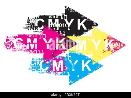 Expressive Arrows with binary codes, print data. Grunge stylized background with binary codes and CMYK inscription. Vector available. Stock Vector