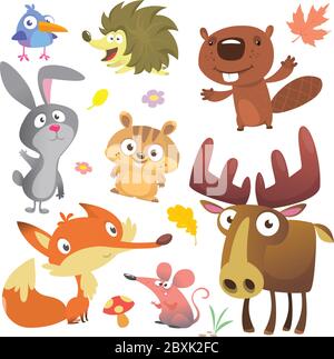 Woodland forest animals birds collection including bird, hedgehog, beaver, bunny rabbit, chipmunk, fox, mouse and moose elk. Autumn leaves and plants. Stock Vector