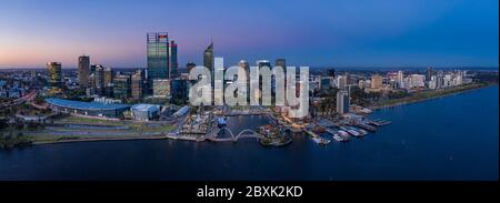 Perth Australia November 5th 2019:  Aerial panoramic view of the beautiful city of Perth on the Swan river at dusk Stock Photo