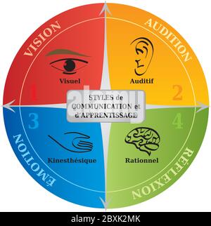 Four Learning Communication Styles Diagram, Life Coaching and NLP Tool - French Language Stock Vector