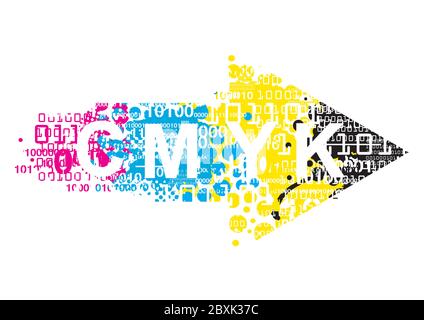 Expressive Arrow with binary codes, print data. Grunge stylized arrow with binary codes and CMYK inscription. Vector available. Stock Vector