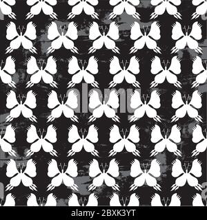 Butterfly Seamless Pattern - Black and White on Grunge Background Stock Vector