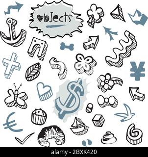 Set of Doodles - Elements and Objects Black and Blue Stock Vector