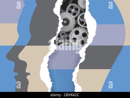 Male head, psychology, schizophrenia. Head silhouettes with torn paper and gear. Vector available. Stock Vector