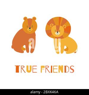 True animal friends. Smiling lion and bear sitting next to each other. Vector illustration in cartoon style Stock Vector