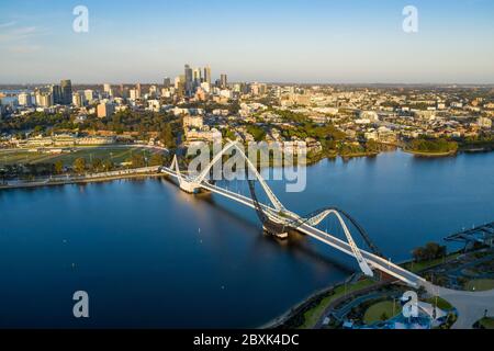 Perth Australia November 5th 2019: Aerial view of Matagarup bridge with the city of Perth, Western Australia in the background Stock Photo