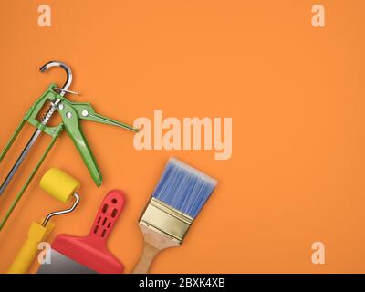 Color painting tool on a green background. The view from the top. Stock Photo