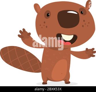 Happy Cartoon Beaver Laughing. Brown Beaver Character. Vector 