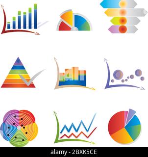 Set of 9 Graph Icons - Different Chart Types in Rainbow Colors Stock Vector