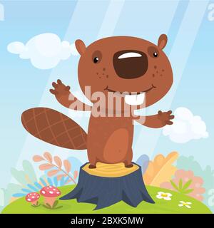 Cute cartoon beaver standing on stump. Vector illustrated. Stock Vector