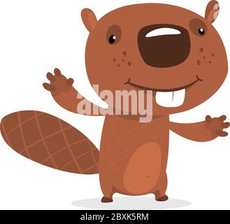 Excited cartoon beaver waving with his hands. Brown beaver mascot ...