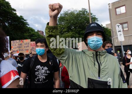 Boston, MA, USA. 7th June, 2020. Black Lives Matter supporters march through Boston on Sunday evening for a peaceful protest. June 7, 2020, Boston, Massachusetts. Credit: Katy Rogers/Media Punch/Alamy Live News Stock Photo