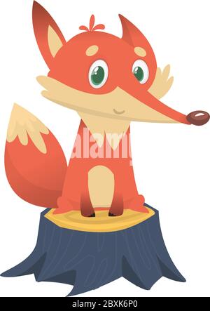 Cute cartoon  fox character standing on the stump. Vector illustration Stock Vector