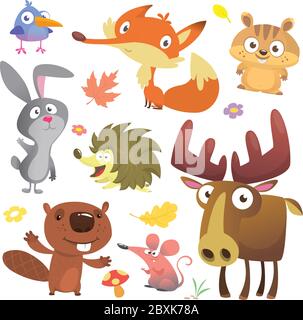 Set of cute woodland animals isolated on white background. Cartoon bird, hedgehog, beaver, bunny rabbit, chipmunk, fox, mouse and moose elk. Vector il Stock Vector