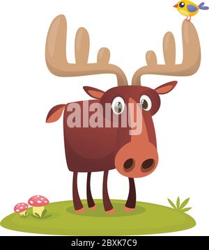 Funny cute cartoon moose character with a bird on its horn standing on the meadow background with a gras mushroom and flowers. Vector moose illustrati Stock Vector