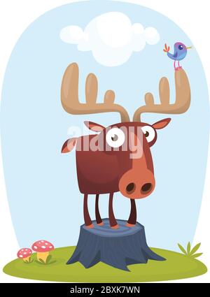 Funny cute cartoon moose character standing on the meadow background with a gras mushroom and flowers. Vector moose illustration isolated. Stock Vector